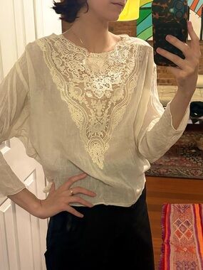 Ralph Lauren Cream Lace-Yoke Peasant Blouse